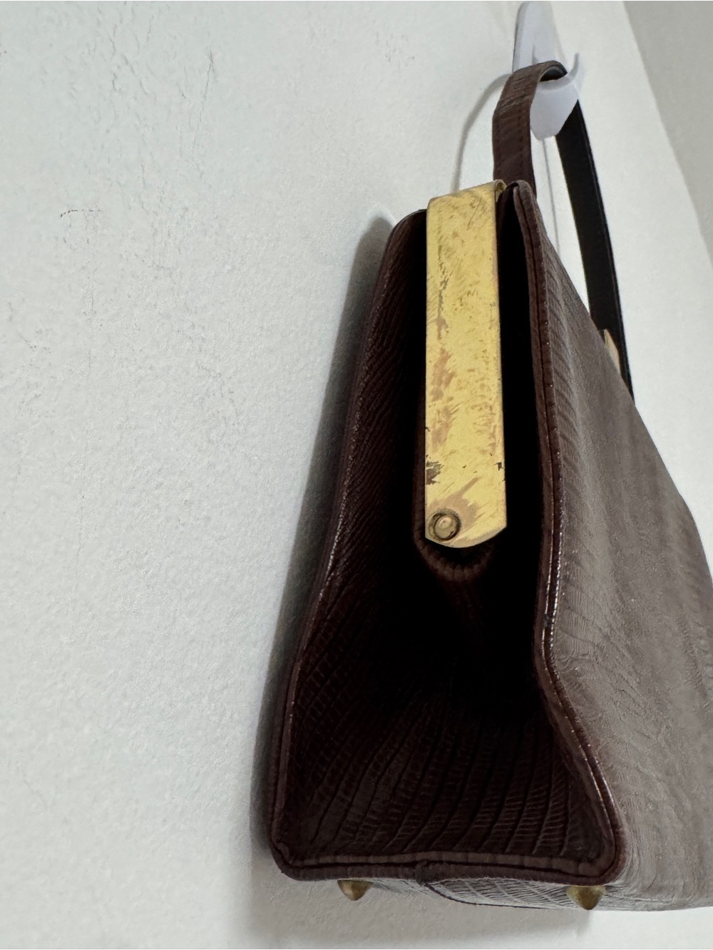 Vintage Brown Lizard Embossed Structured Top Handle Frame Handbag Gold Tone - Picture 6 of 16